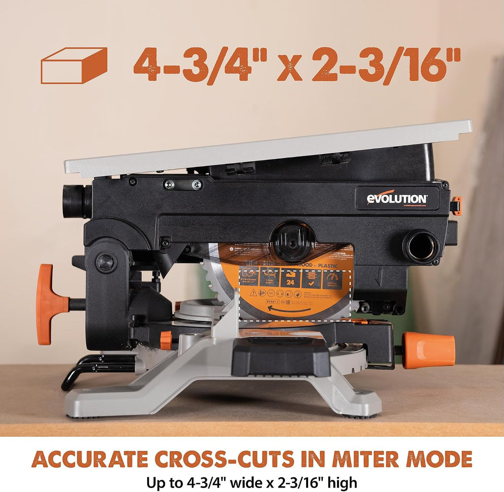 Evolution R8MTS 8-1/4' Convertible Miter/Table Saw - Multi-Function Saw - 0-45° Bevel & +/- 45° Miter - Multi-Material Cutting: Wood, Plastic, Metal - Compact, Powerful 12A Motor - TCT Blade Incl