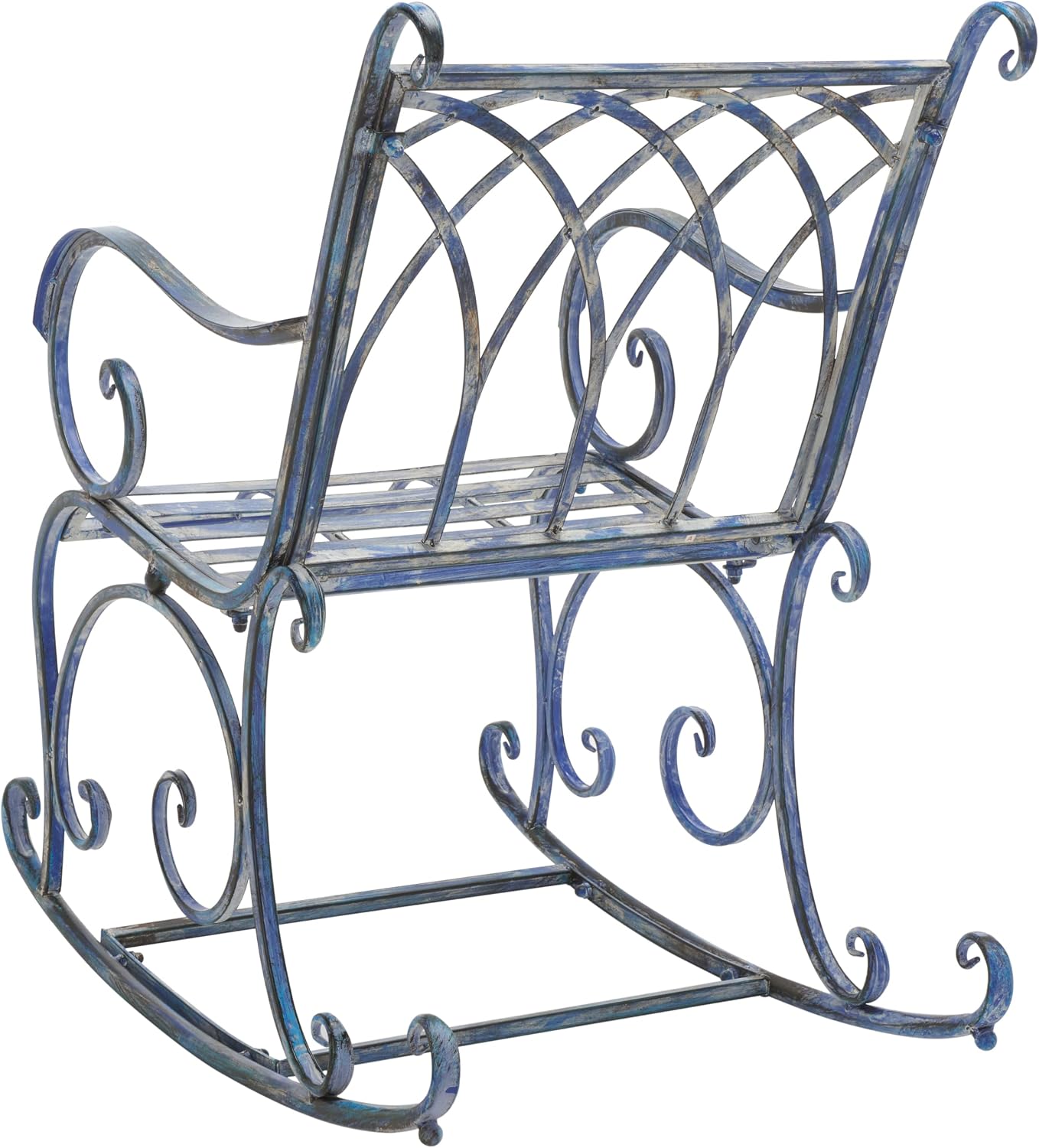 SAFAVIEH Outdoor - Medrano Iron Rocking Chair - Mossy Blue Iron Metal - Vintage Ornate Scrollwork Design - Ideal for Patio, Deck, Porch, Garden, 15' Seat Height (PAT5030C)