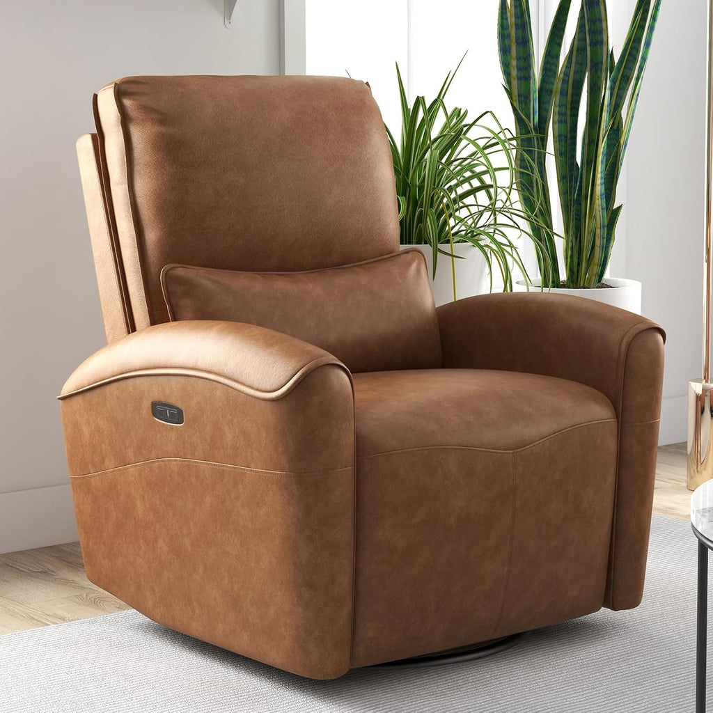 Bonzy Home Power Swivel Rocker Recliner Chair with USB Port, 23.2' Wide Seat, Fixed Lumbar Support, Upholstered Glider Chair for Nursery Living Room, Brown