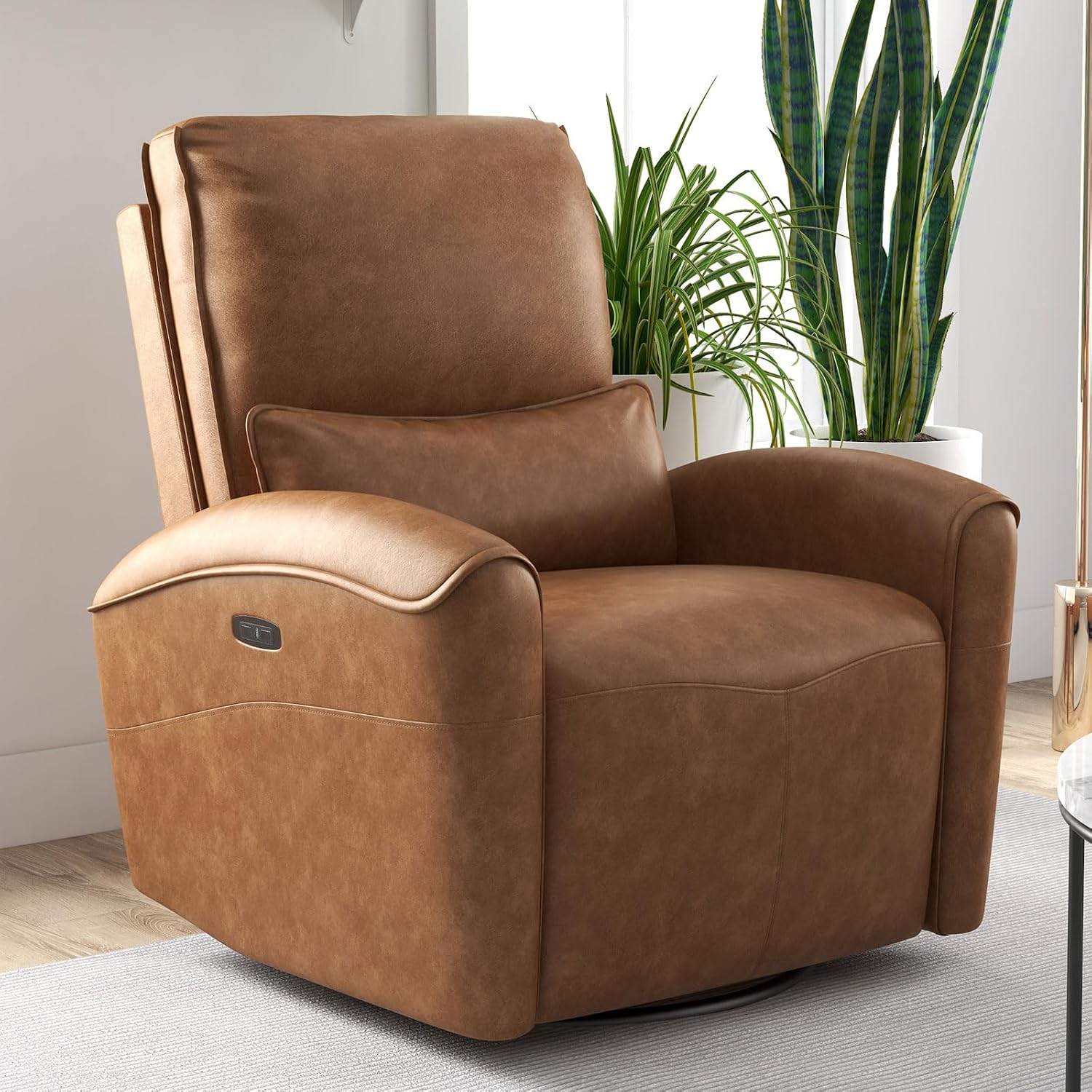 Bonzy Home Power Swivel Rocker Recliner Chair with USB Port, 23.2' Wide Seat, Fixed Lumbar Support, Upholstered Glider Chair for Nursery Living Room, Brown