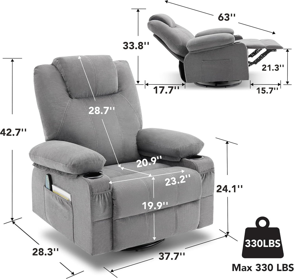 Weture Swivel Rocker Recliner Chair with Heat and Massage, Big Oversized Rocking Single Sofa for Living Room, 360 Degree Swivel Recliner Chair with Cup Holders and USB Port (Fabric, Grey)