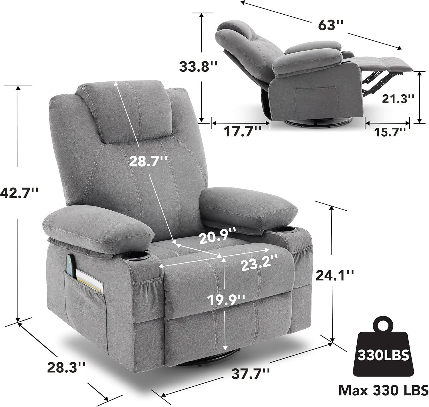 Weture Swivel Rocker Recliner Chair with Heat and Massage, Big Oversized Rocking Single Sofa for Living Room, 360 Degree Swivel Recliner Chair with Cup Holders and USB Port (Fabric, Grey)