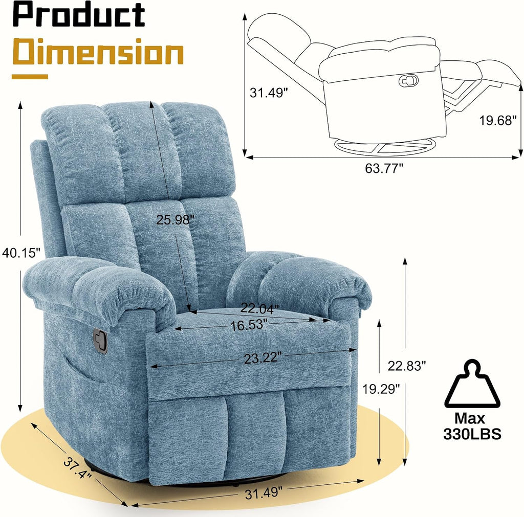 Korser Recliner Chair, Swivel Rocker Recliner Chair for Adults, Small Recliners for Small Spaces, Manual Recliner Chair with Side Pockets, Nursery Rocking Chair for Living Room, Chenille, Airy Blue