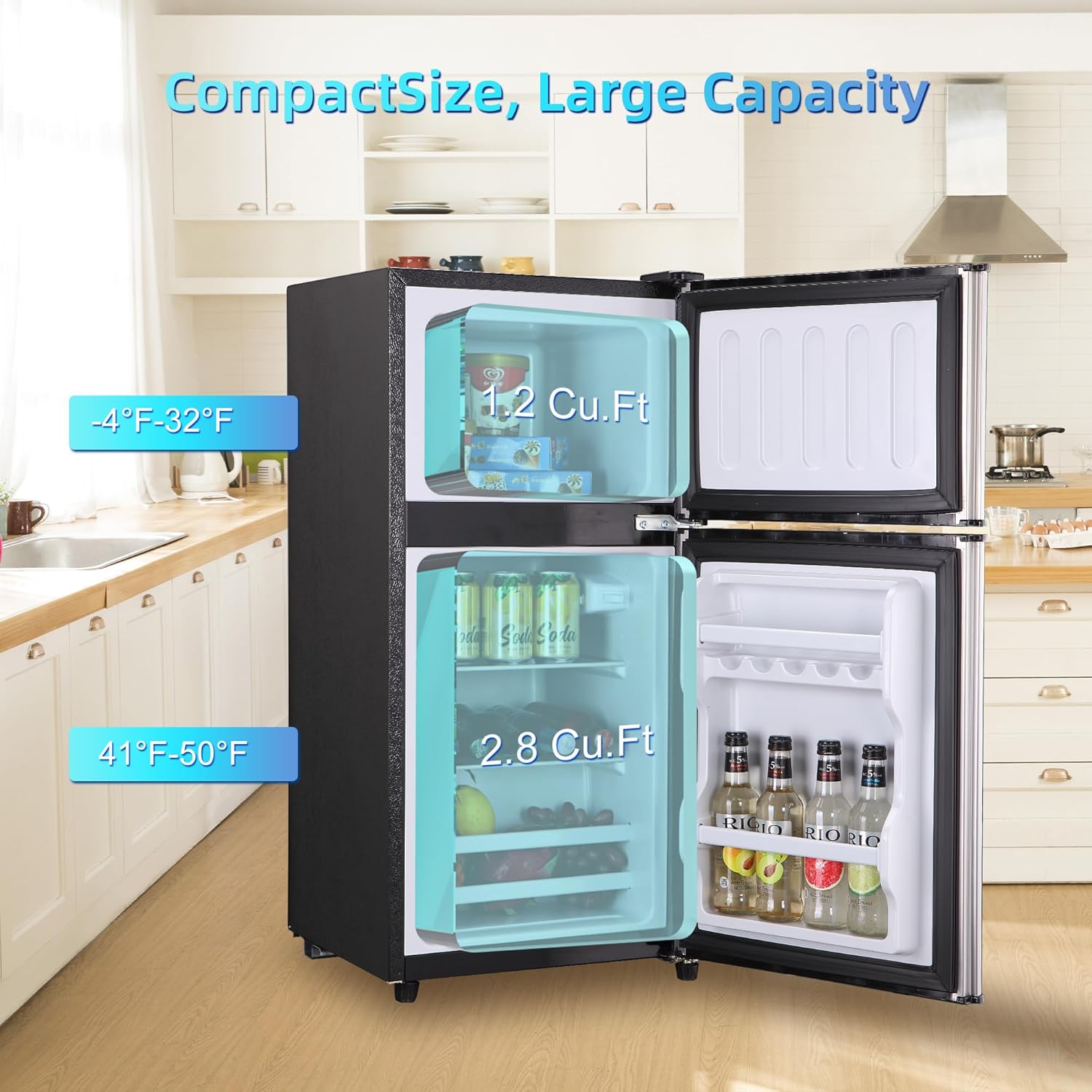 Mini Fridge with Freezer, 4.0 Cu. Ft. Double-Door Mini Refrigerator with 7-Level Adjustable Thermostat & Adjustable Glass Shelves, Compact Dorm Fridge 37 dB Low Noise for Bedroom, Apartment, Silver