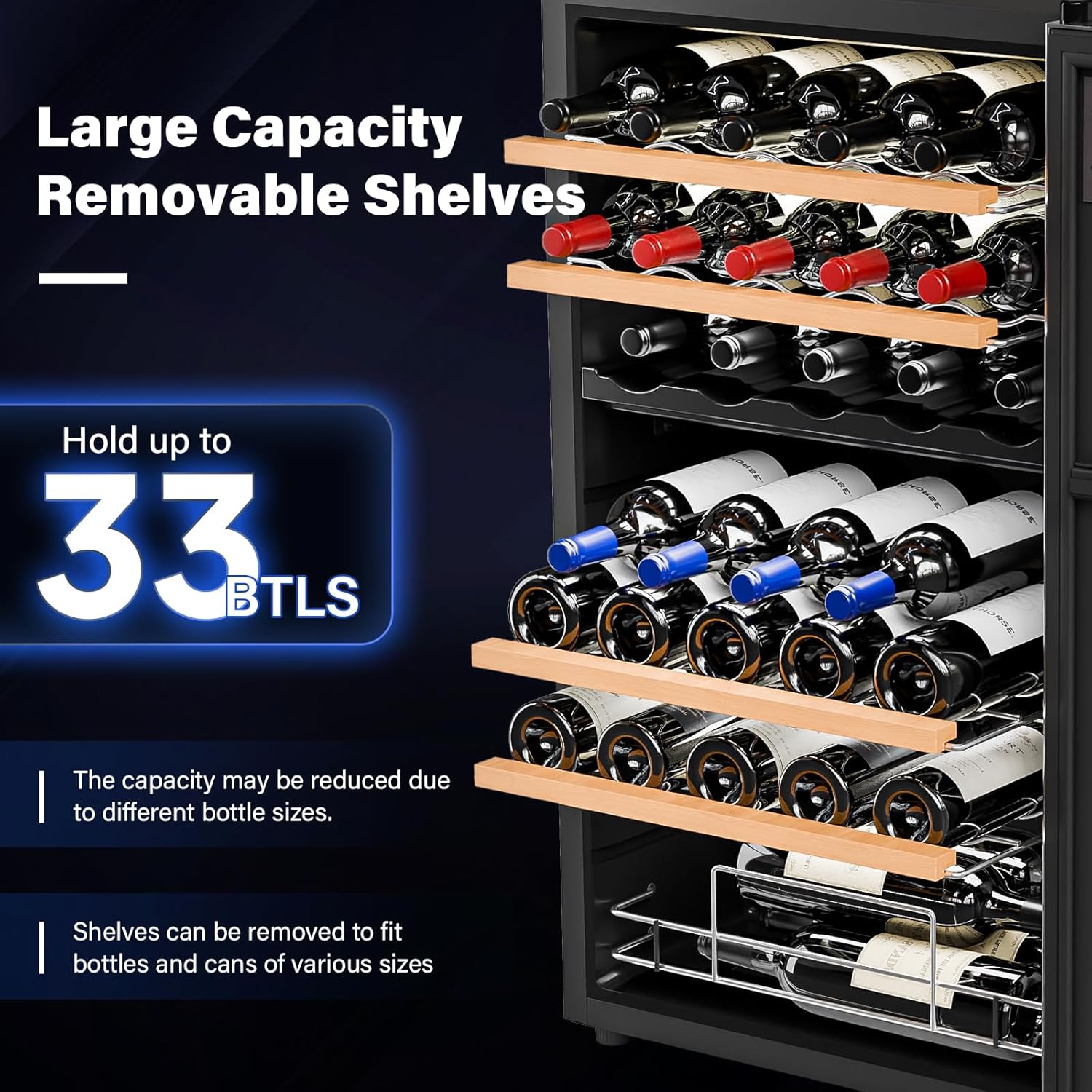 ROVSUN 33 Bottle Wine Fridge, Dual Zone Wine and Beverage Refrigerator with Independent Temp & LED Control Panel, Freestanding Wine Cooler Chiller for Red White Wine, Champagne, Beer