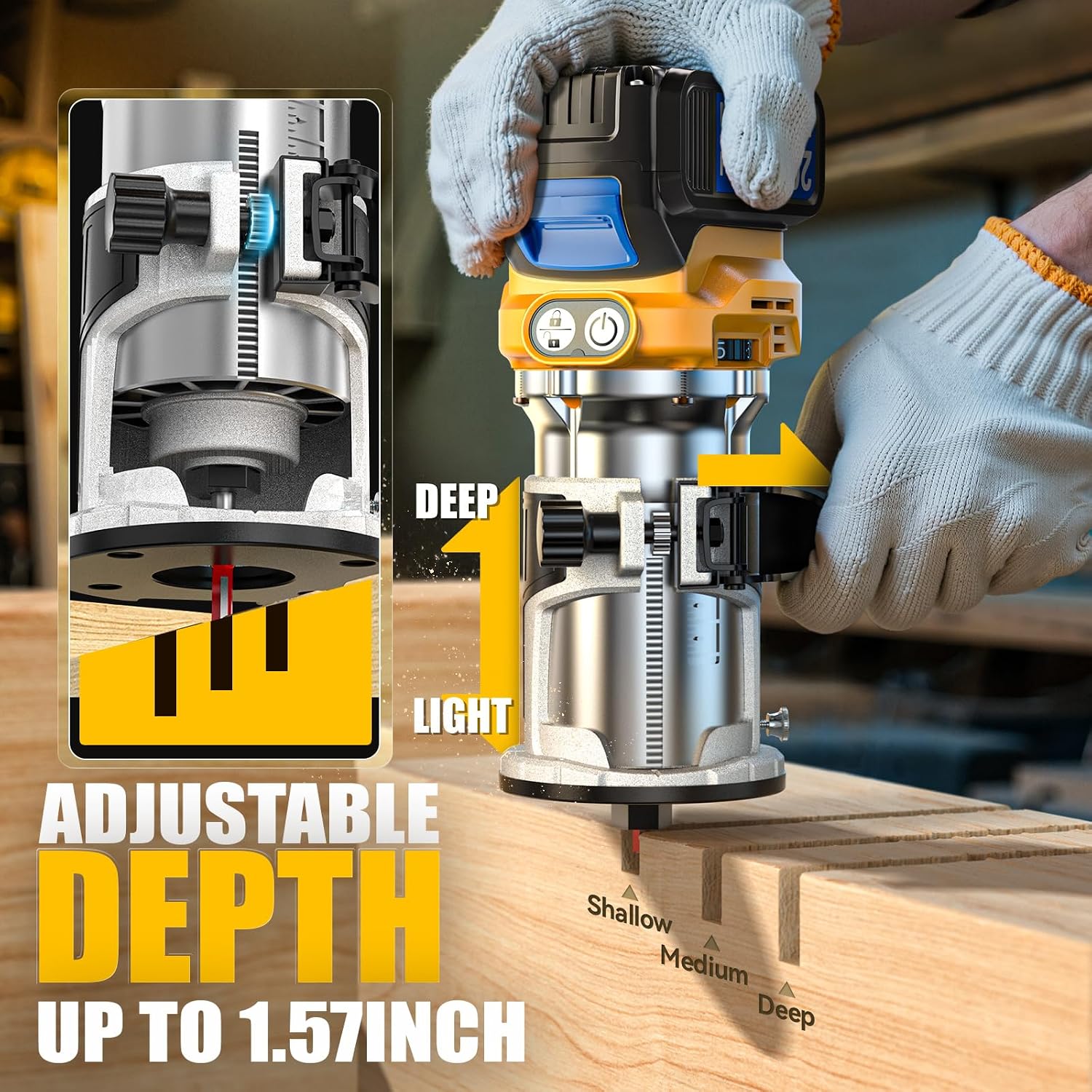 MtiolHig Cordless Compact Router Compatible with Dewalt 20V Battery, With 1 x 5.0Ah Rechargeable Battery, 6 Pcs Router Bits for Woodworking, Router With Trim Bits, Edge & Roller Guide