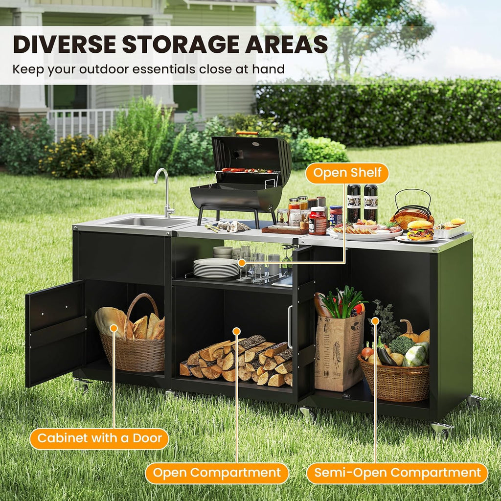 Happygrill 80' Outdoor Grill Table with Sink & Drainage, Heavy Duty Metal Grill Cart w/Cabinet & Removable Stainless Steel Top, Portable Prep Cooking Table w/Wheels for BBQ, Patio, Camping & Backyard