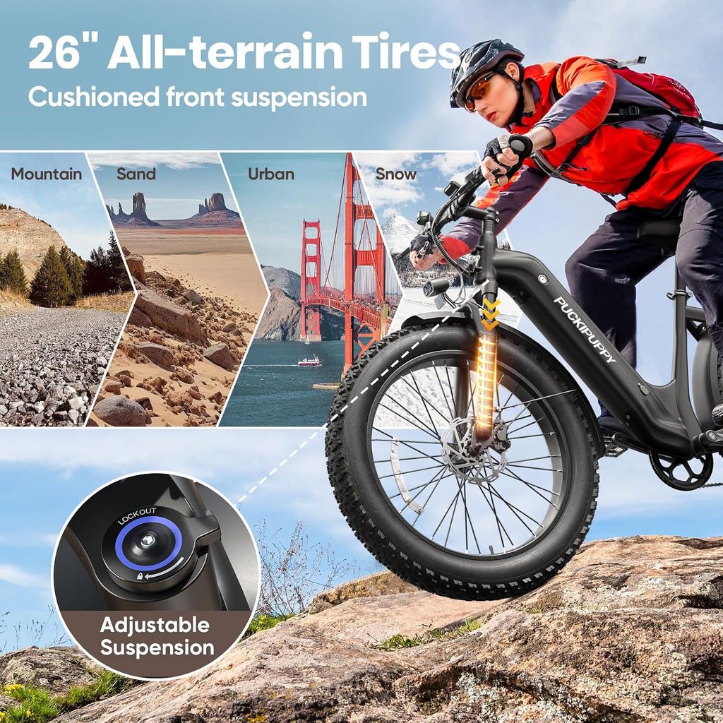 PUCKIPUPPY Electric Bike for Adults 500W, Step-Through Design, 26' Fat Tire Electric Mountain Hunting Bike, 48V 15AH Max 20MPH Off-Road Ebike with Rear Storage Shelf