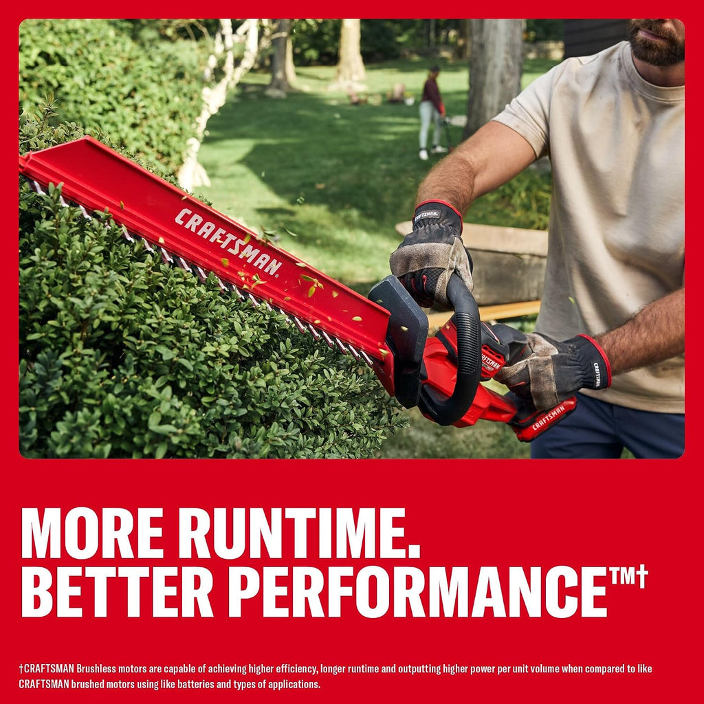 CRAFTSMAN V20 22 in. Hedge Trimmer Cordless with 2Ah Battery and Charger, Lightweight Brushless RP Bush Trimmer with Hedge Sweep Attachment, Longer Runtime, Up to 2X More Power (CMCHT830D1)