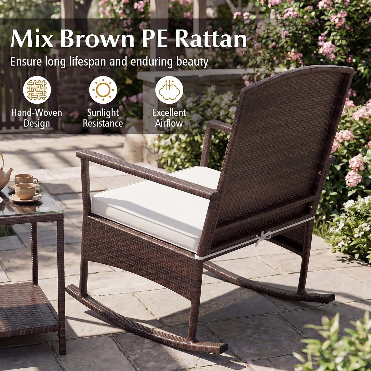 Tangkula 3 Pieces Rocking Wicker Bistro Set, Outdoor Front Porch Rocker Chairs Conversation Set with 2-Tier Tempered Glass Coffee Table and Thick Cushions for Garden, Balcony, Poolside (Off White)