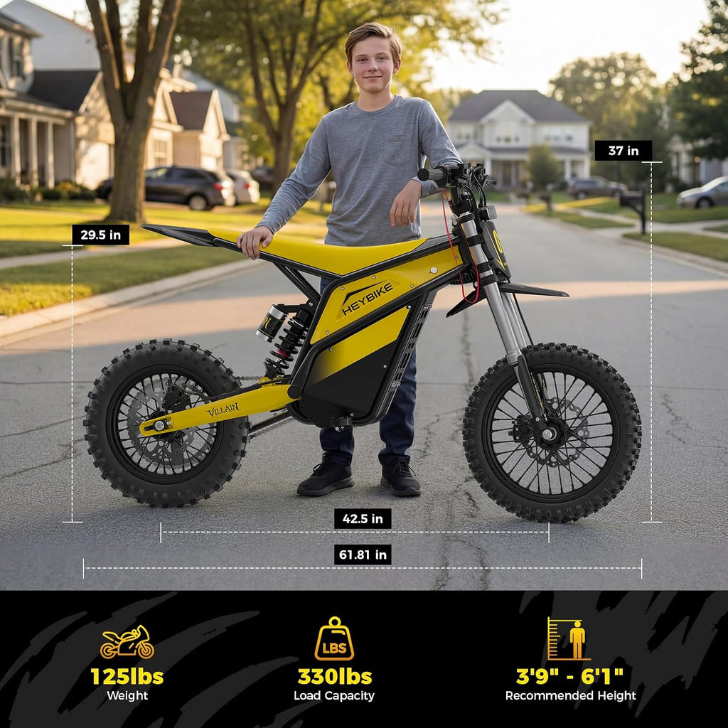 Heybike Villain Electric Dirt Bike with 4160W Motor 1352WH Battery, Up to 45 MPH, 50 Miles Range, 14'/12' Fat Tire Electric Bike with Hydraulic Brakes&Dual Suspension, Off-Road E-Bike