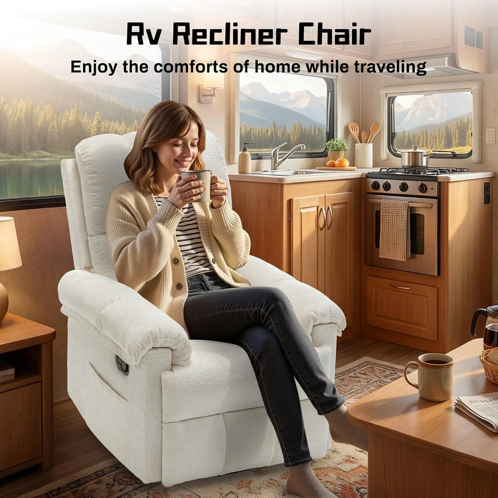 Korser Recliner Chair, Swivel Rocker Recliner Chair for Adults, Small Recliners for Small Spaces, Upholstered Manual Recliner with Side Pockets, Nursery Rocking Chair for Living Room, Chenille, Beige