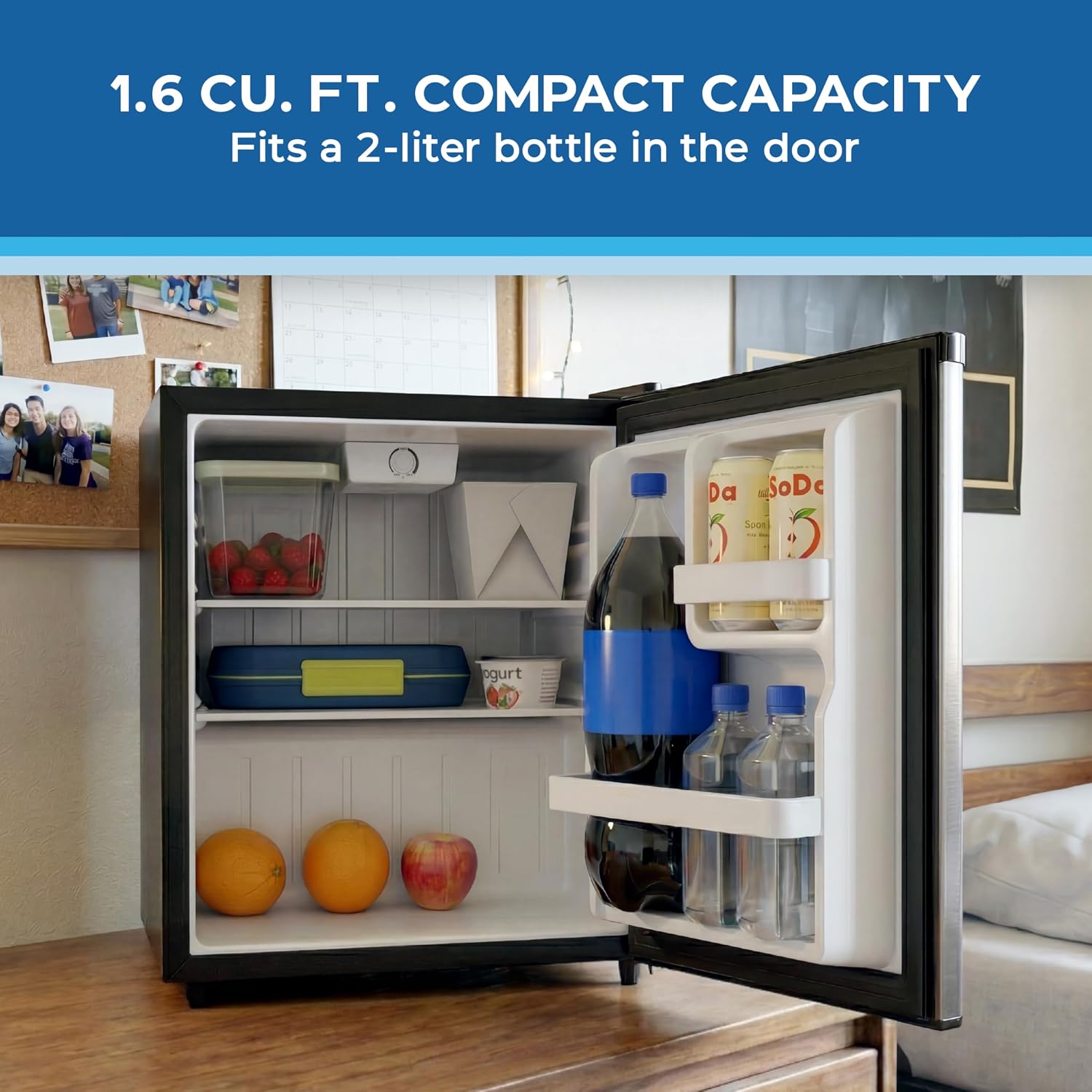 Avanti Mini Fridge 1.6 Cu. Ft. Compact Refrigerator for Dorm, Office & Bedroom, Chiller Compartment, Glass Shelf, Reversible Door with Automatic Defrost, ENERGY STAR, Stainless Steel