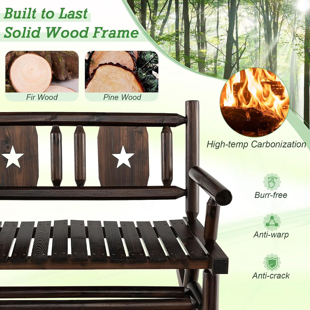 Giantex Outdoor Rocking Bench, Patio Loveseat Rocker for 2 w/Ergonomic Back & Log Arms, Carbonized Fir Wood Frame, Wooden Double Rocking Chair for Porch, Garden, 710 LB Capacity, Rustic Brown (2)