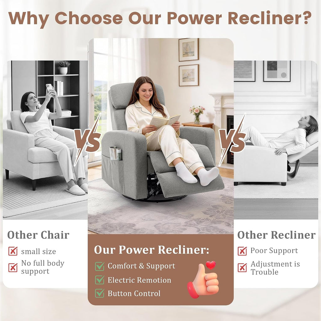 Korser Power Swivel Recliner Chairs for Adults, Electric Glider Rocking Chair Nursery, Glider Recliner Nursery Chair with Classified Side Pocket, Nursery Rocking Chairs with USB and Type-C Ports