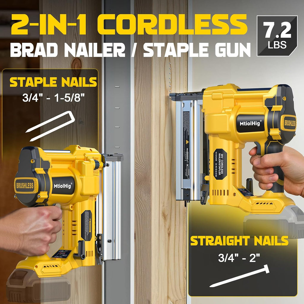 Cordless 2' Brad Nailer Compatible with Dewalt 20V Battery (No Battery), 2-in-1 Electric Nail Gun/Staple Gun, 18 Gauge Nail Gun Battery Powered with 1000 Nails for Wood Carpentry, 7.2LB