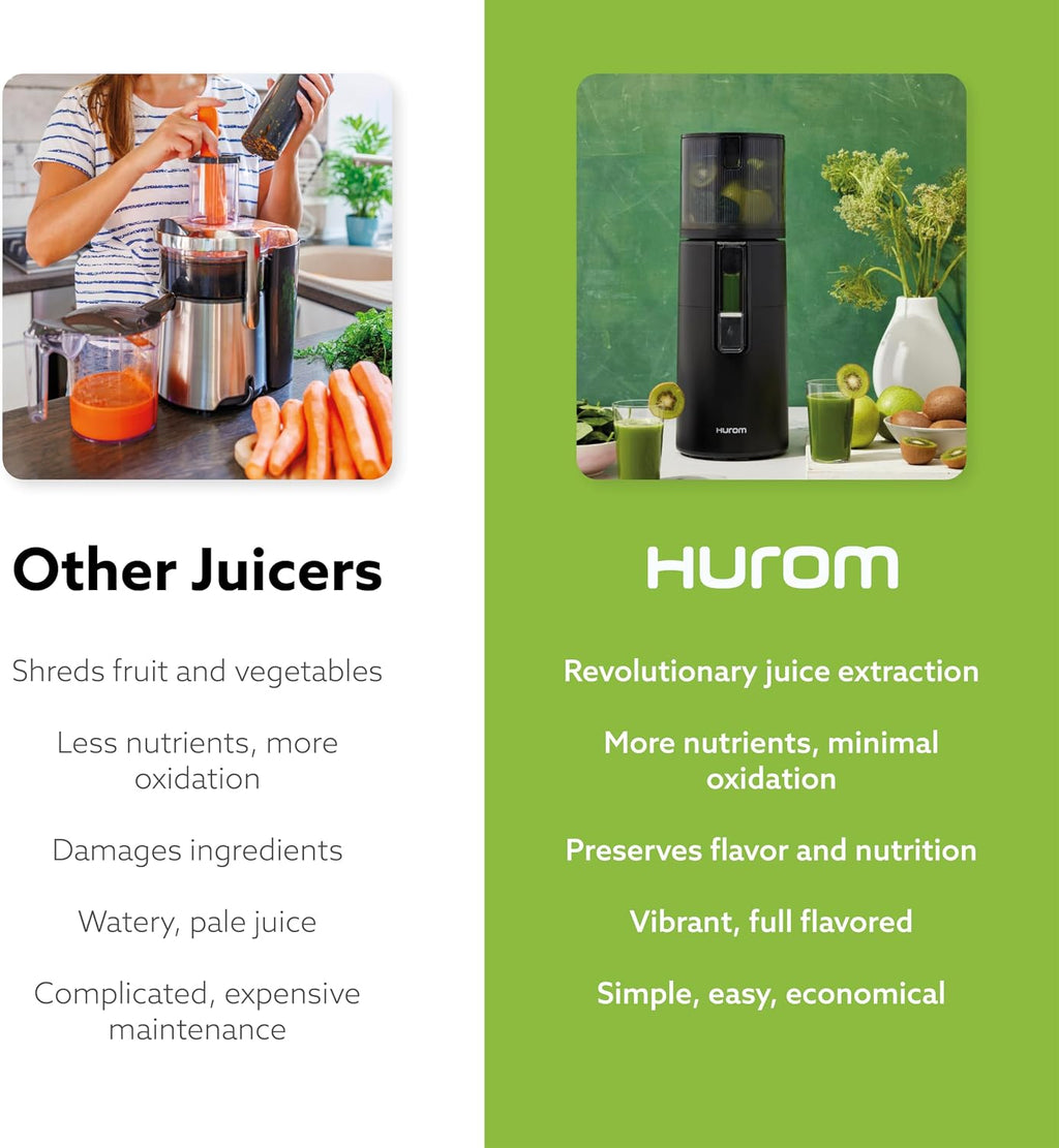 Hurom Black H400 Award Winning Cold Press Juicer Machine with German Steel Knife Set, Strainer & Hands Free with Self-Feeding Hopper, Corrosion-Resistant Blades, Easy Assembly (550ml/ 18.6oz)