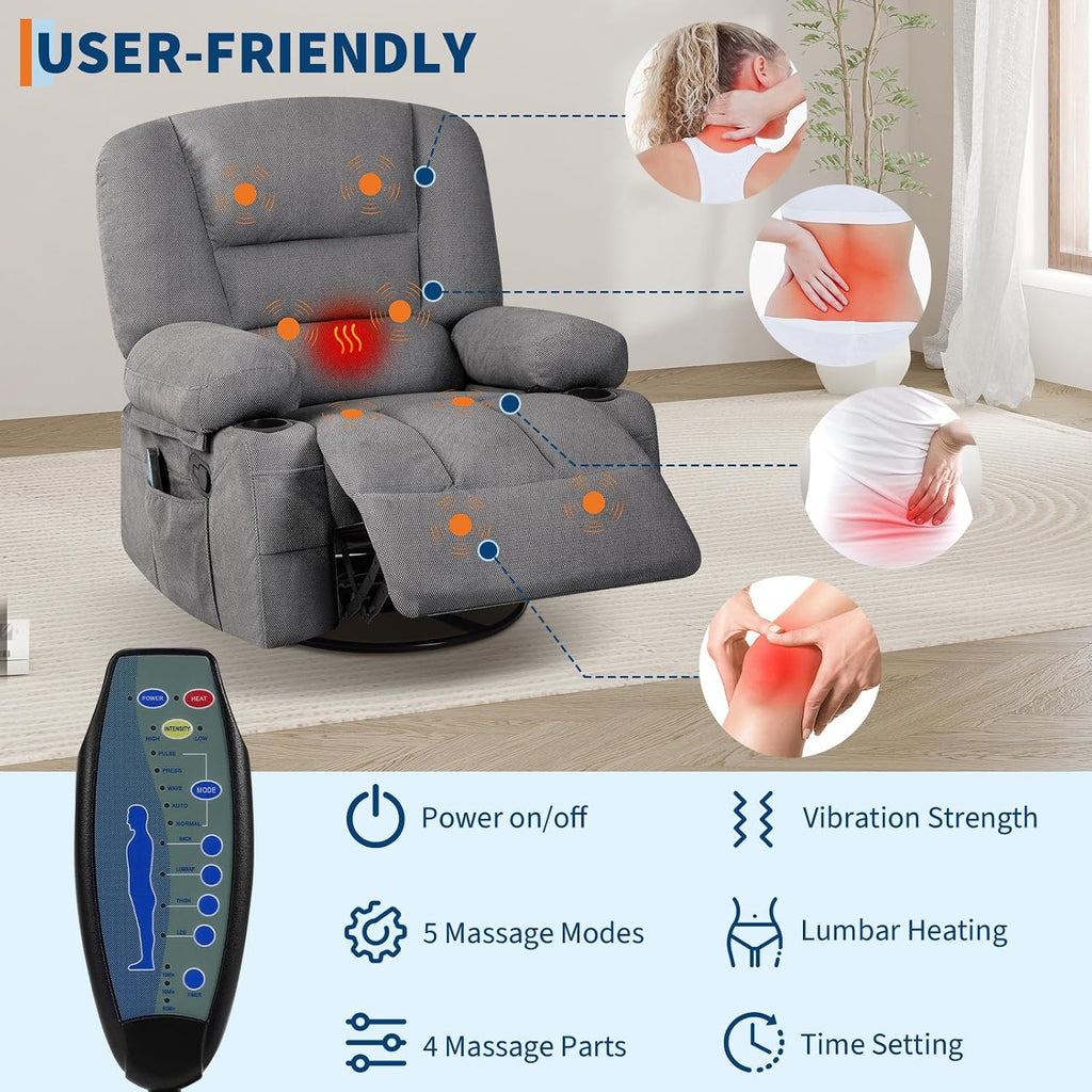 Massage Rocking Recliner Chair with Vibration and Heat, 360° Swivel Chenille Rocker Chairs for Living Room, Home Theater Seating with Cup Holders & Side Pocket for Adults, Living Room, Bedroom, Grey
