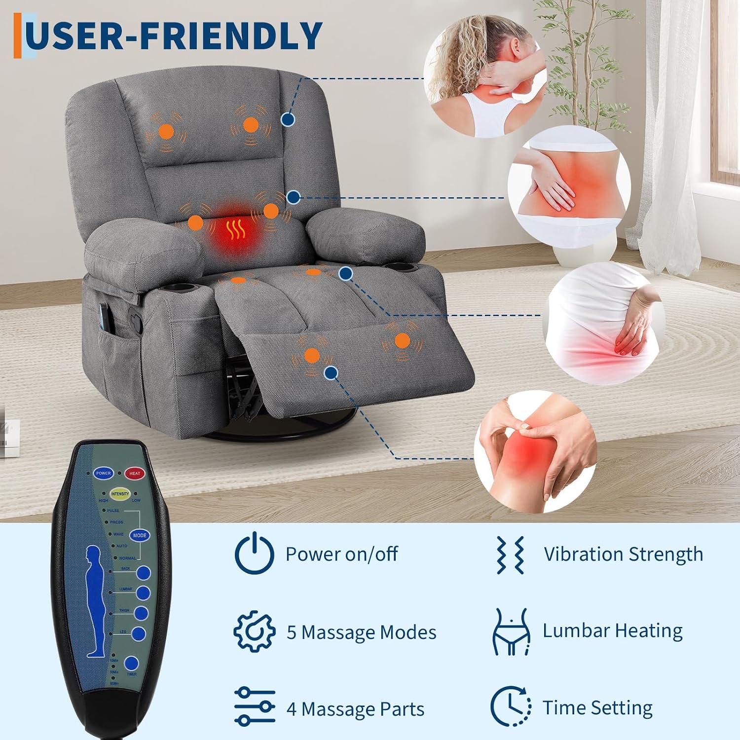 Massage Rocking Recliner Chair with Vibration and Heat, 360° Swivel Chenille Rocker Chairs for Living Room, Home Theater Seating with Cup Holders & Side Pocket for Adults, Living Room, Bedroom, Grey