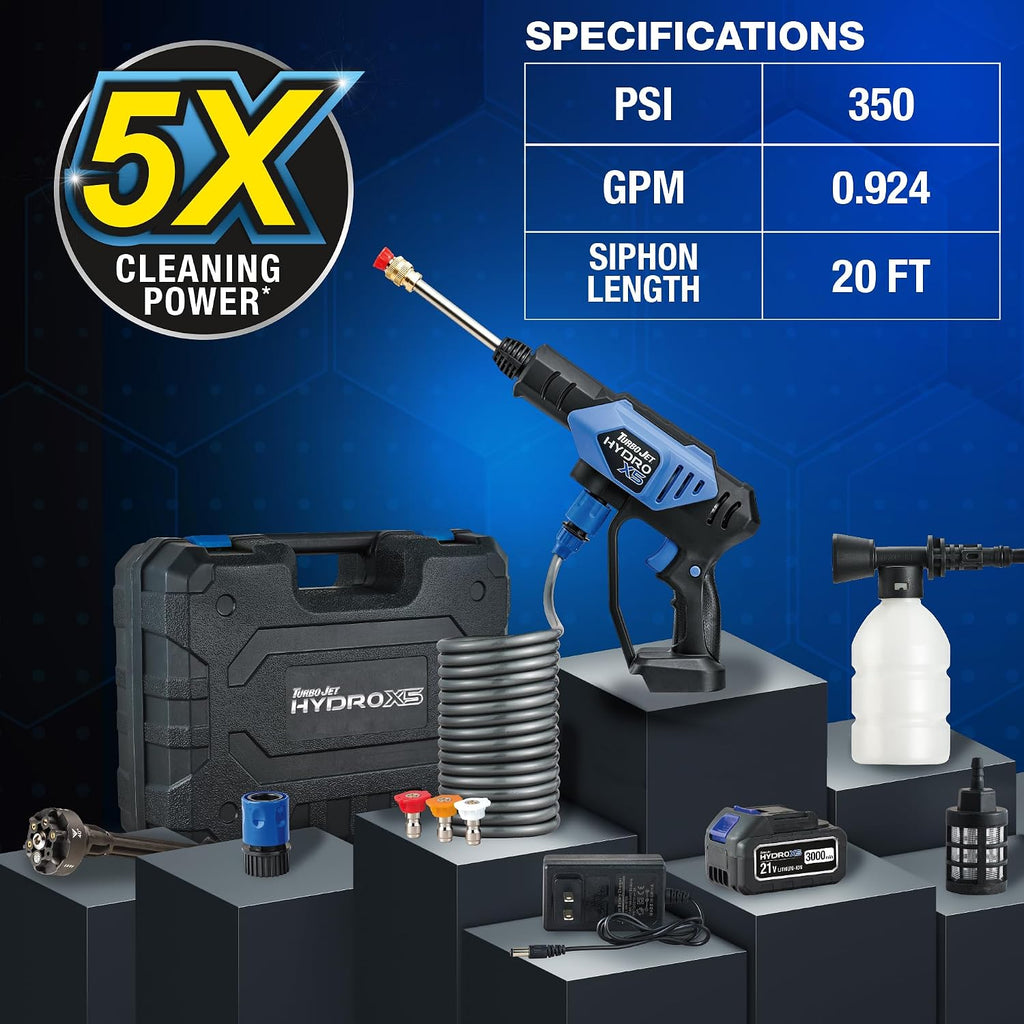 Ontel Turbo Jet HydroX5 Pro Portable Cordless Pressure Washer (21V 3000mAh Battery), 6-in-1 Nozzle, Dual Water Source, 16ft Detachable Hose