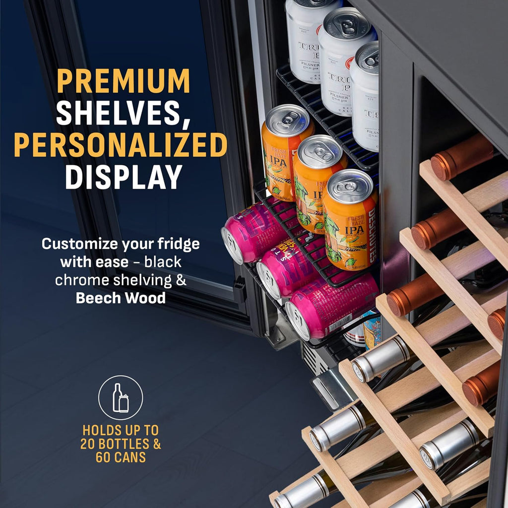 NewAir 24' Dual Zone Beverage Refrigerator & Wine Cooler for 18 Bottles & 60 Cans | Freestanding or Built-In Under Counter Mini Fridge for Beer, Wine and Soda | Stainless Steel