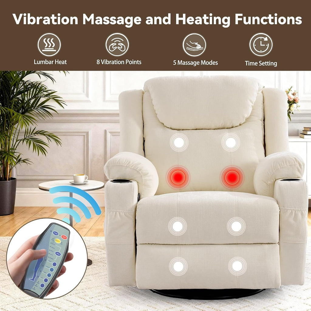 Korser Oversized Recliner Chair, 360° Swivel Recliner for Adults, Swivel Rocker Recliner Chair with Heat and Massage, Manual Recliner with Remote Control and Cup Holders for Living Room, Chenille