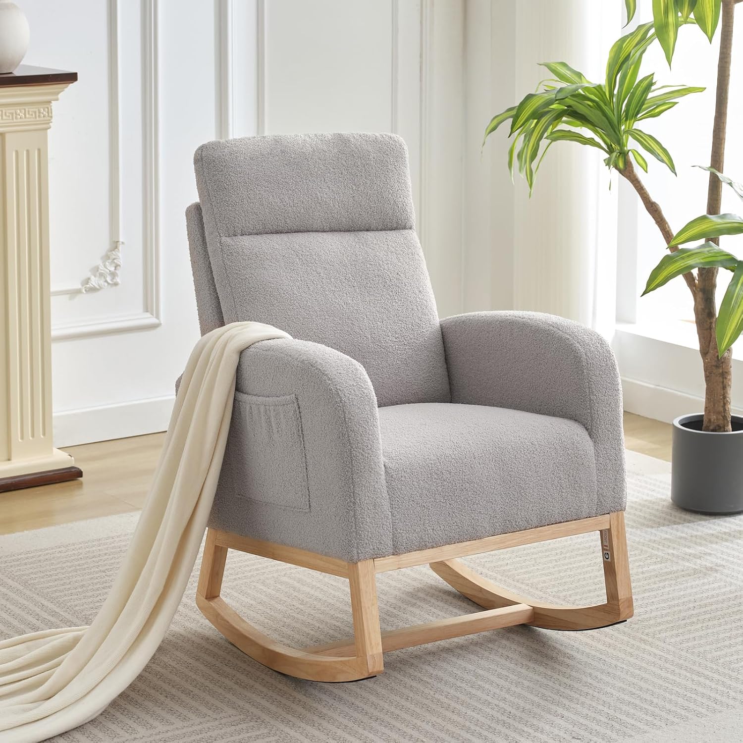 GAOMON Rocking Chair Glider for Nursery, Comfy Rocker Nursery with Side Pocket & High Backrest, Baby Rocking Chair for Breastfeeding, Upholstered Rocker & Living Room, Light Gray