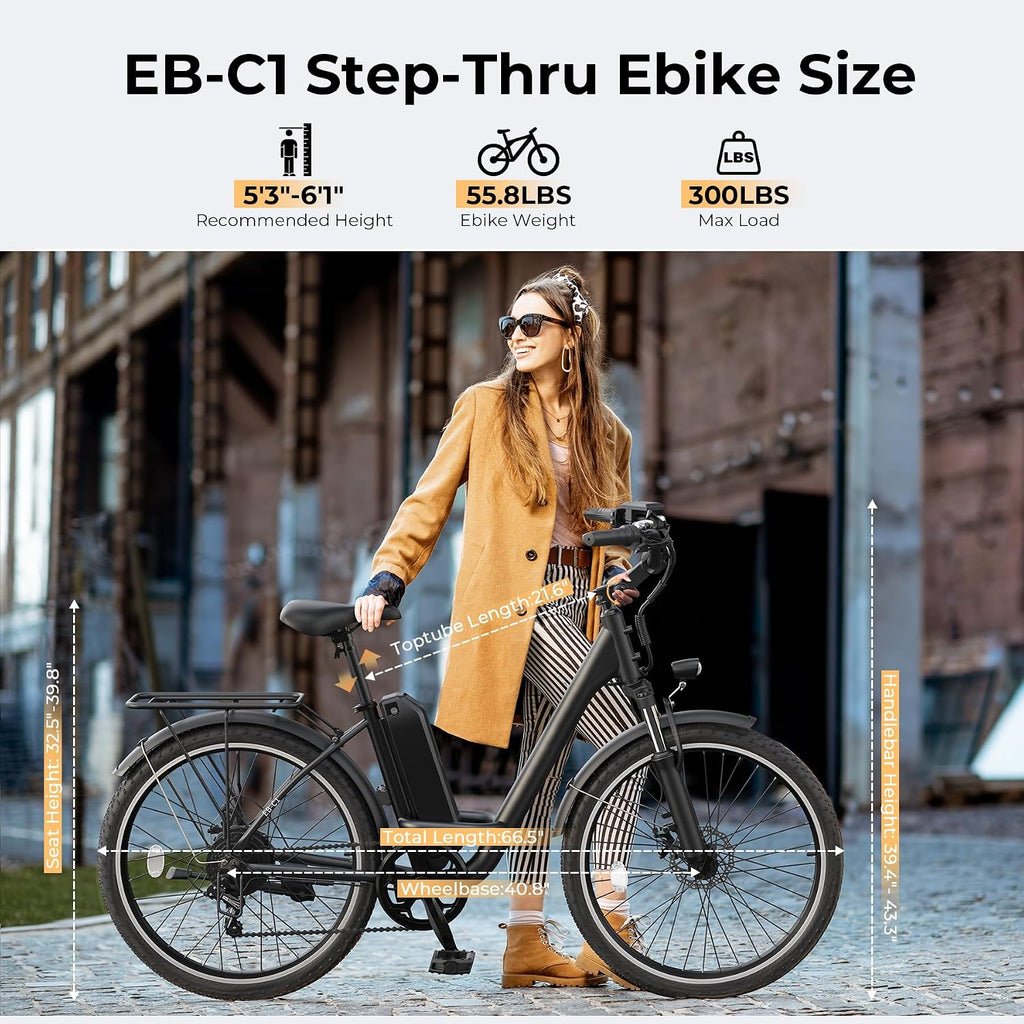 Electric Bike for Adults, Peak 1000W Ebike, 50Miles 20MPH UL 2849 Certified Commuter Bike, 26'' City Cruiser Bicycle with 48V Removable Battery, Rear Rack, Adjustable Stem, 7 Speed
