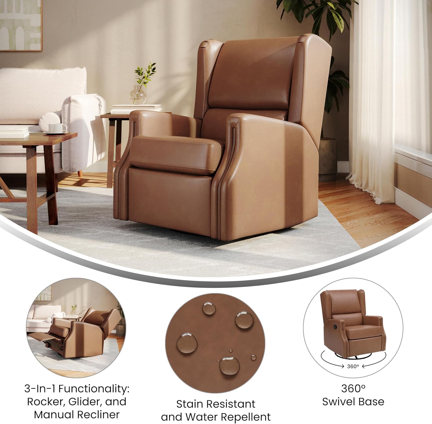 Flash Furniture Omma Swivel Glider Rocking Recliner, Manual Wingback Recliner with 360 Degree Swivel, for Living Room, Bedroom, or Nursery, Cognac LeatherSoft