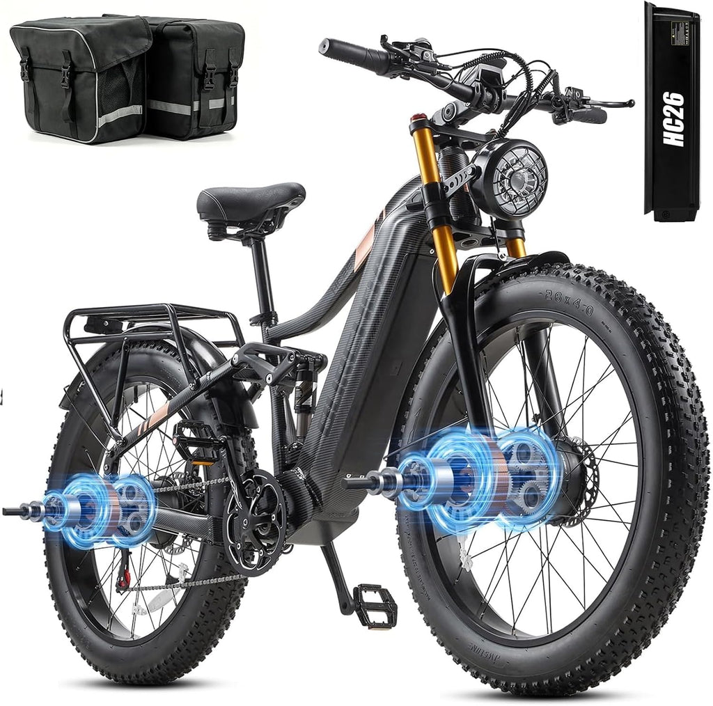 DAMSON Electric Bike for Adults Dual Motor AWD 5000W/3000W/1500W Peak 40MPH/30MPH Dirt Ebike, 52V/48V Max-Output Up to 65/80/120/160 Miles Long Range, 26' Full Suspension Fat Tire Mountains Bicycle