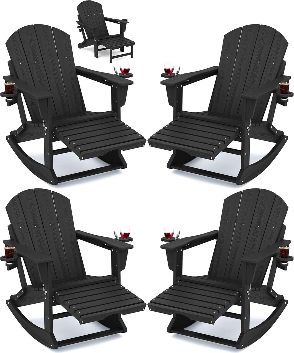 KINGYES Adirondack Rocking Chair Set of 4 with Retractable Ottoman and Cup Holders, HDPE Adirondack Rocker Patio Rocking Chair for Porch, Patio, Balcony, Black