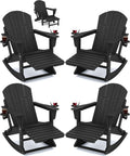KINGYES Adirondack Rocking Chair Set of 4 with Retractable Ottoman and Cup Holders, HDPE Adirondack Rocker Patio Rocking Chair for Porch, Patio, Balcony, Black
