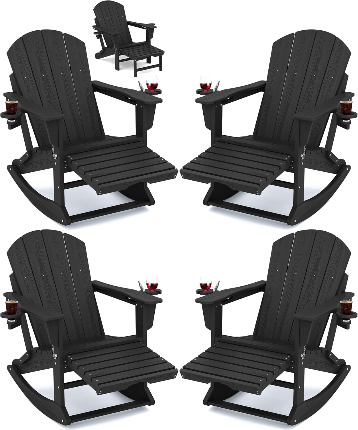 KINGYES Adirondack Rocking Chair Set of 4 with Retractable Ottoman and Cup Holders, HDPE Adirondack Rocker Patio Rocking Chair for Porch, Patio, Balcony, Black