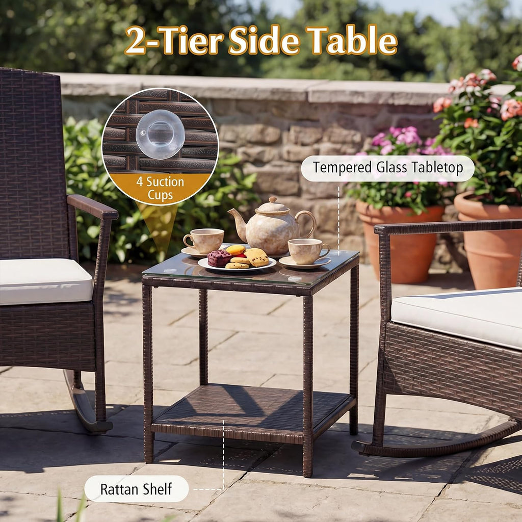 Tangkula 3 Pieces Rocking Wicker Bistro Set, Outdoor Front Porch Rocker Chairs Conversation Set with 2-Tier Tempered Glass Coffee Table and Thick Cushions for Garden, Balcony, Poolside (Off White)