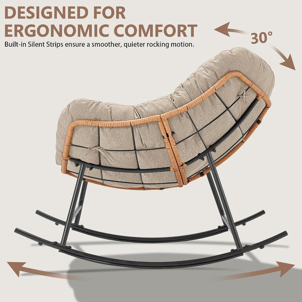 Youtanic Outdoor Rocking Chair, Oversized Papasan Reading Chair Indoor with Thick Cushion, Comfy Rattan Rocker Egg Chair for Patio, Garden, Balcony, Lawn, Backyard, Bedroom, up to 450lbs, Beige