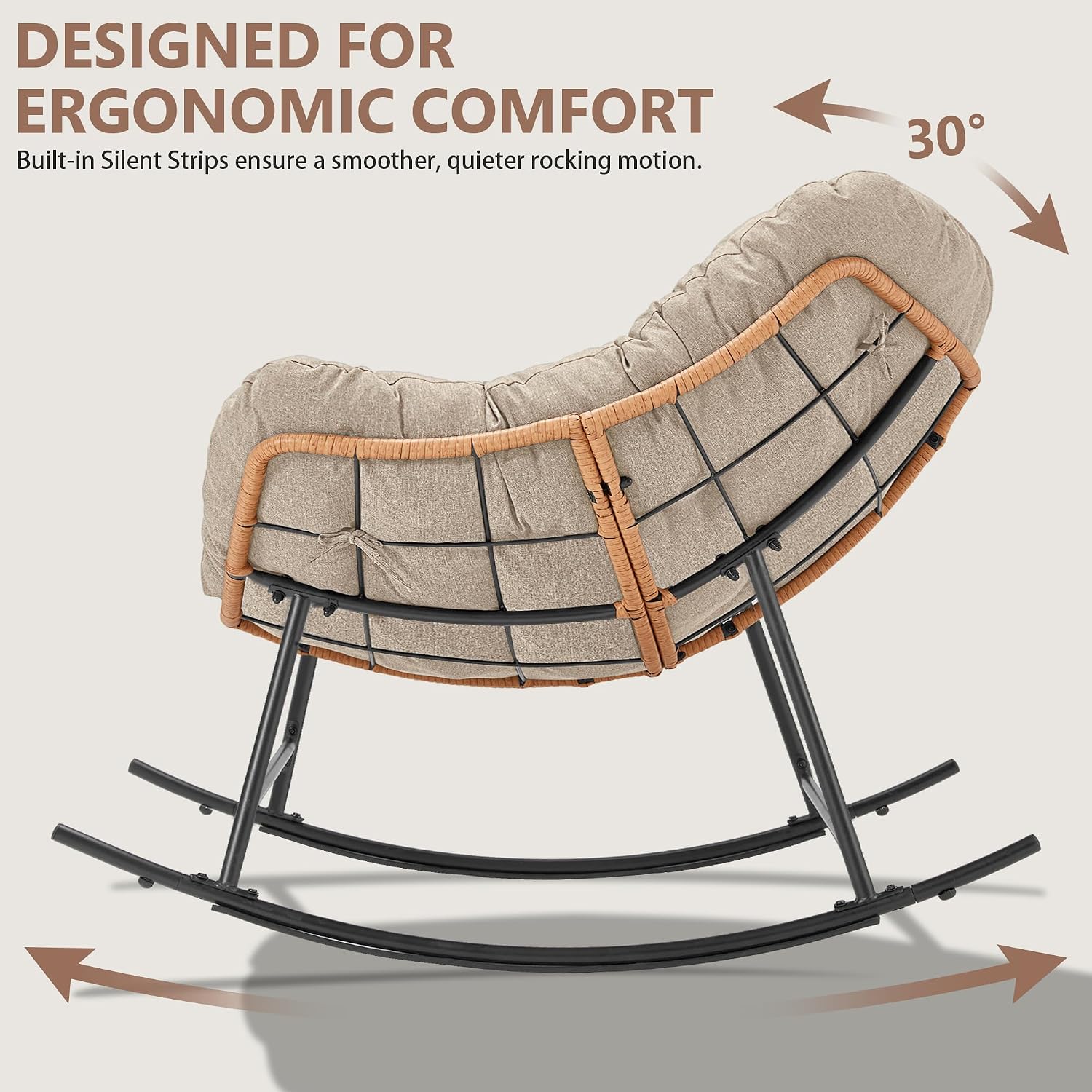 Youtanic Outdoor Rocking Chair, Oversized Papasan Reading Chair Indoor with Thick Cushion, Comfy Rattan Rocker Egg Chair for Patio, Garden, Balcony, Lawn, Backyard, Bedroom, up to 450lbs, Beige