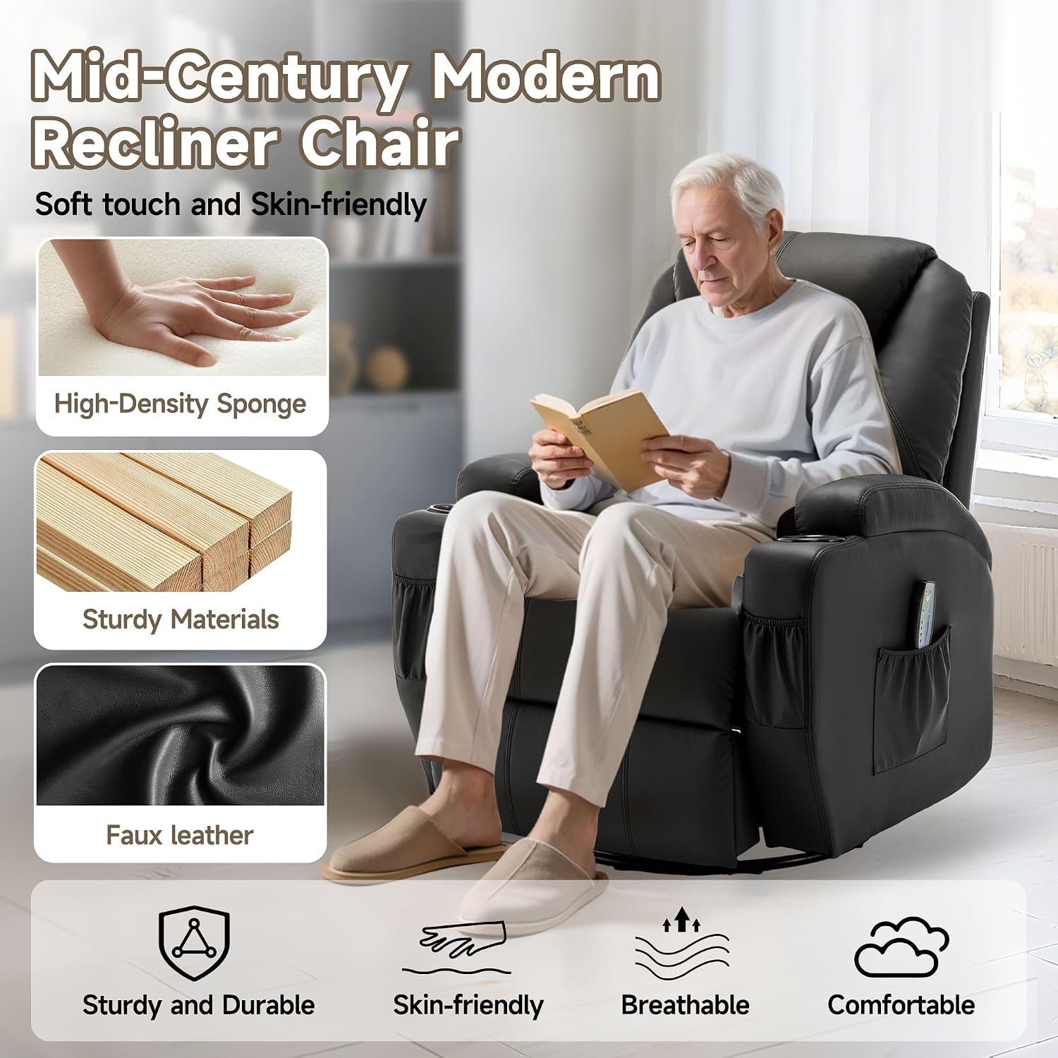 Korser Recliner Chair, Rocking Chair with Massage and Heat, 360° Swivel Recliner Chairs for Adults, Rocker Manual Recliner with Remote Control and Cup Holder for Living Room, Bedroom, Nursery