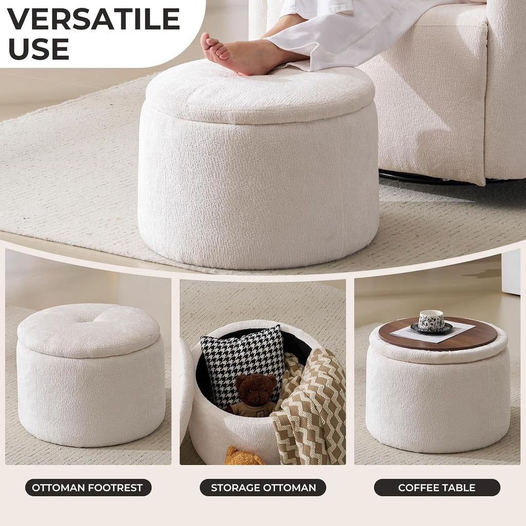 Modern Round Storage Ottoman, Chenille Ottoman Foot Stools, Ottoman Footstool with Removable Lid, Storage Ottoman for Living Room, Multi-Functional Footrest, White