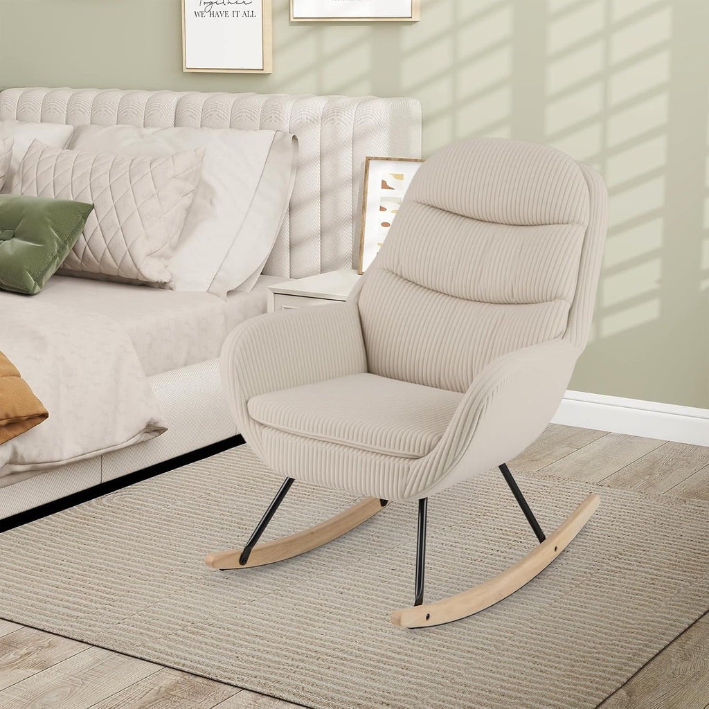 Giantex Rocking Chair Nursery, Upholstered Glider Rocker with Padded Backrest & Seat, Rubber Wood Feet & Sturdy Metal Frame, Modern Accent Chair Comfy Armchair for Living Room, Bedroom & Office (1)