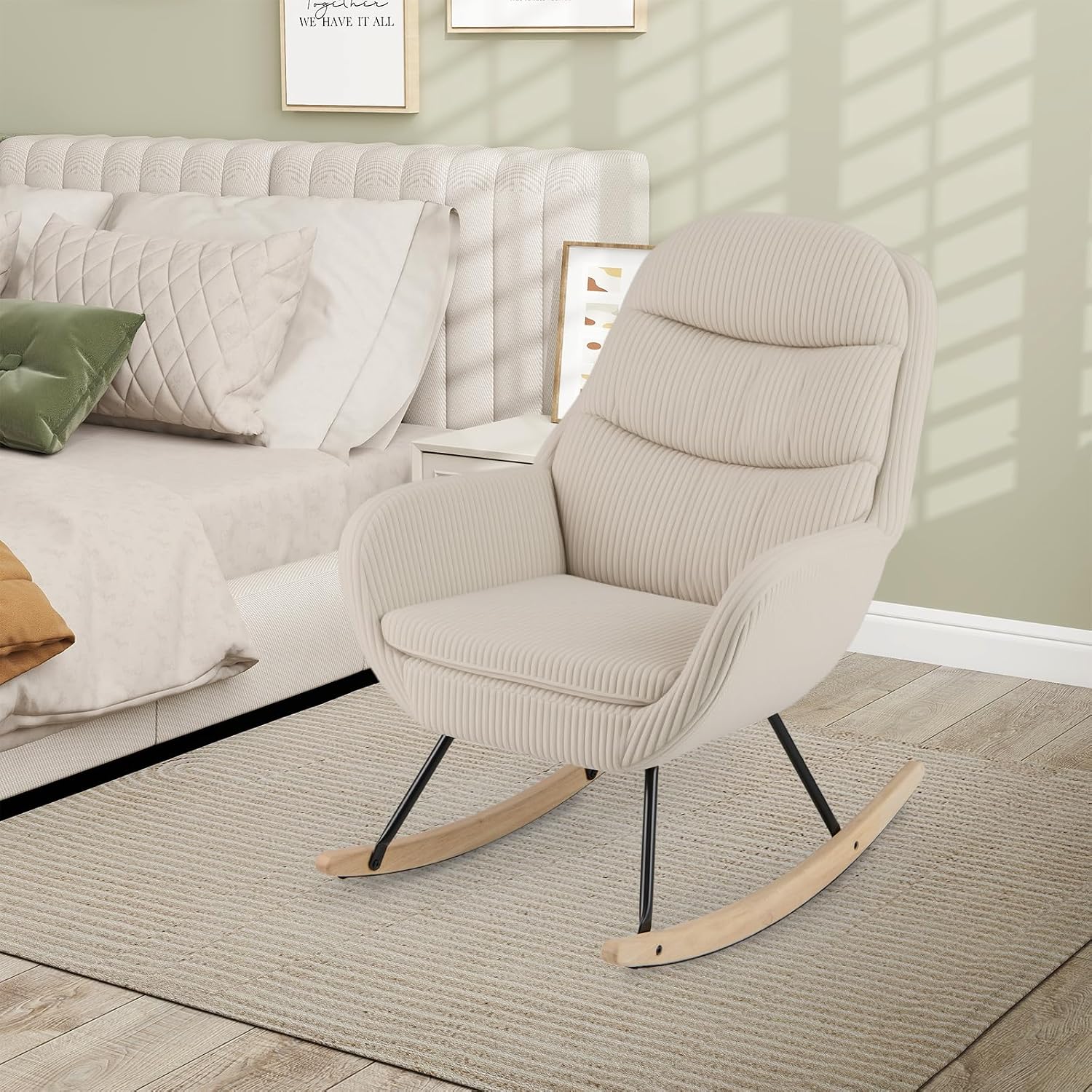 Giantex Rocking Chair Nursery, Upholstered Glider Rocker with Padded Backrest & Seat, Rubber Wood Feet & Sturdy Metal Frame, Modern Accent Chair Comfy Armchair for Living Room, Bedroom & Office (2)
