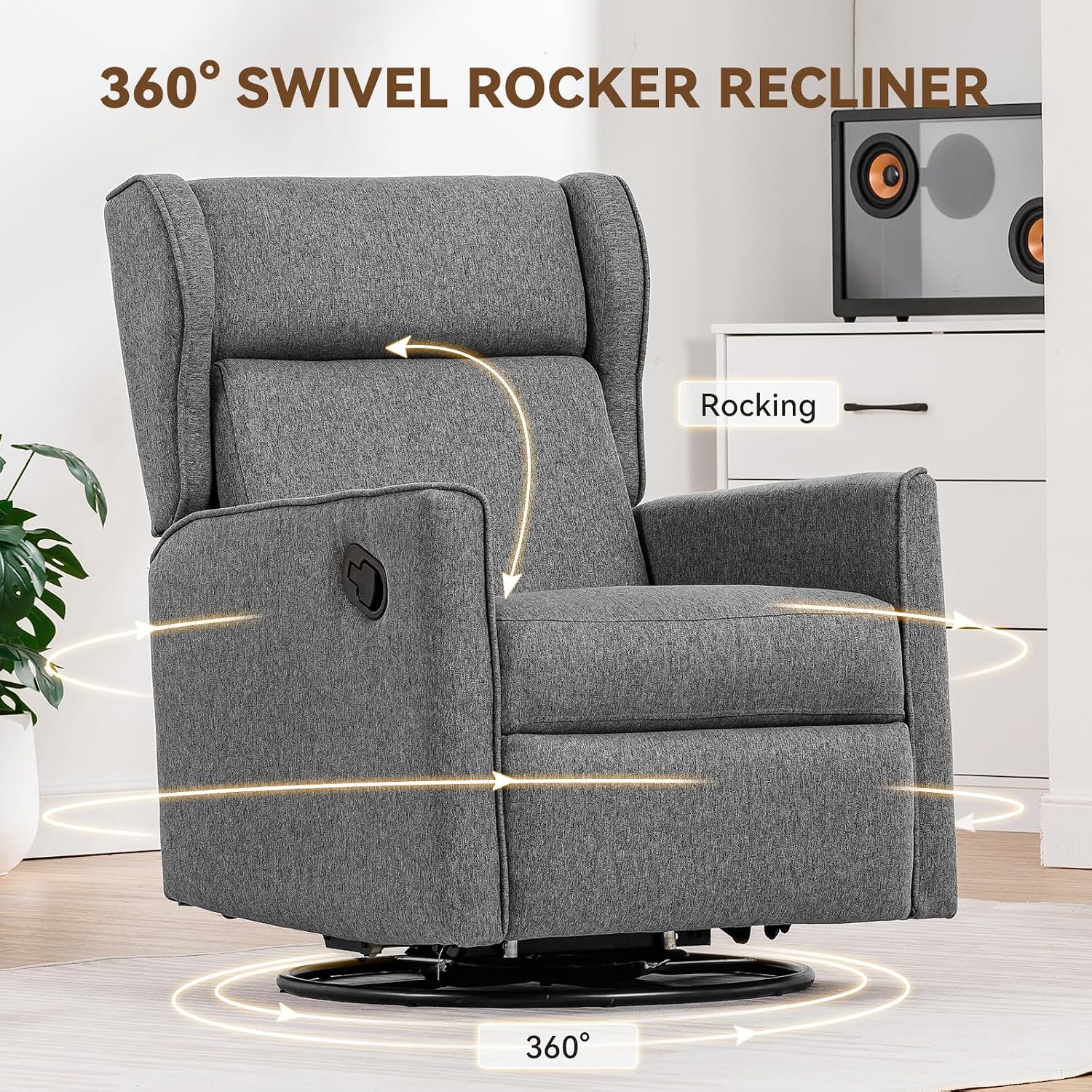 COMHOMA Rocking Recliner Chair,Swivel Glider Reclining Single Sofa Manual Rocker Recliners,Nursery Rocking Chairs with Upholstered Seating for Living Room Office(Grey)