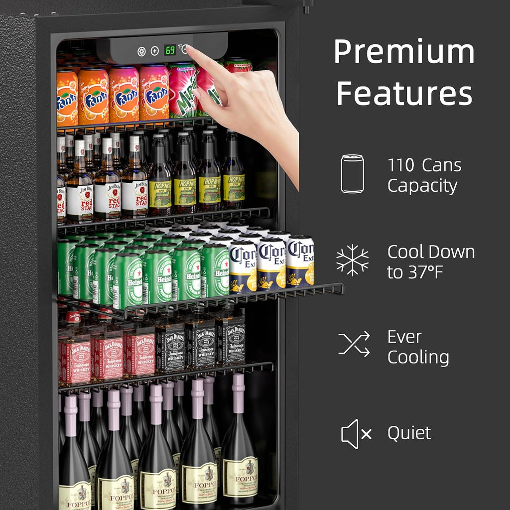 Erivess Compact Freestanding Beverage Refrigerator,126 Can/3.2 Cubic Feet Mini Fridge with Glass Front Door for Soda, Beer or Wine, Under Counter Small Refrigerator with Adjustable Shelves