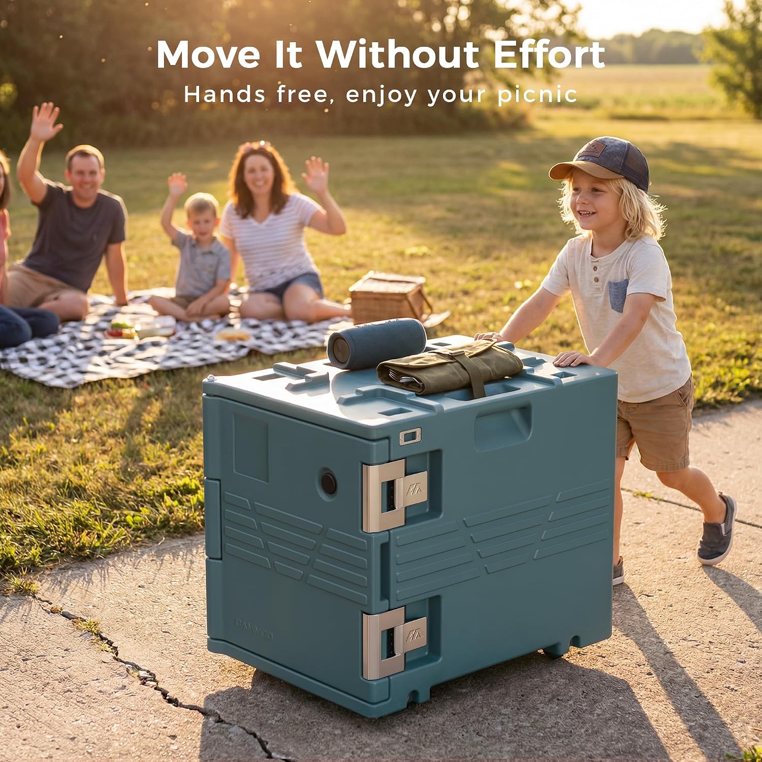 CAMMOO Blue 82QT Non-Electric Hot Box Food Warmer with Wheels, 304 Stainless Steel Latch, Insulated Food Carrier for 5 Full-Size Pans(NOT Included), Food Warmer Box Hot Boxes for Catering