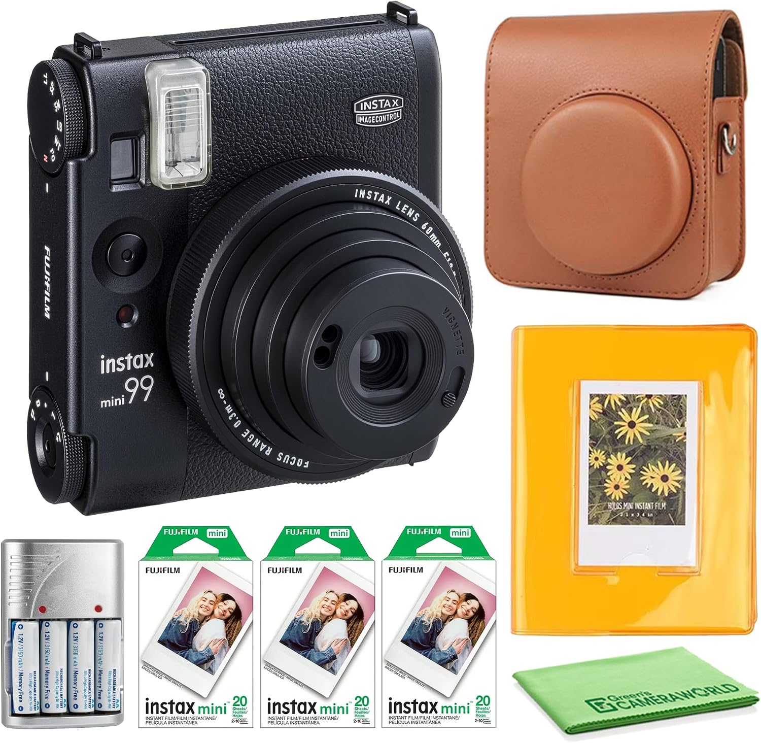Fujifilm Instax Mini 99 Instant Camera Bundle with Fuji Instax Mini Instant Film Value Pack (60 Sheets) + Carrying Case - Brown + Photo Album – 64 Pockets + More