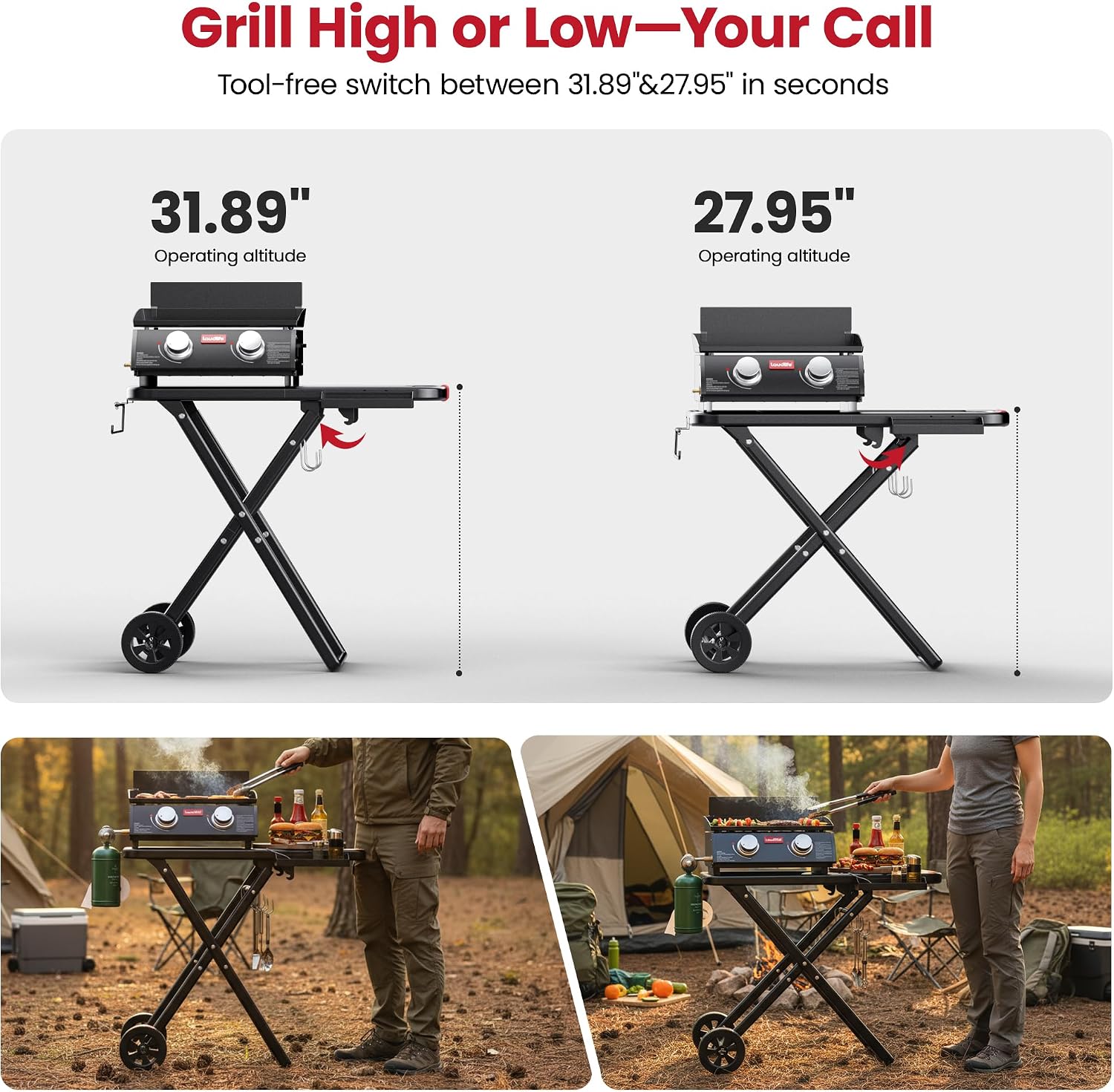 Laudlife Portable Propane Gas Griddle with Collapsible Stand, Non-Stick Enameled Cast Iron, 342 SQ.IN Cooking Space, 2 Burners Flat Top Griddles for Camping, Tailgating, Outdoor Cooking