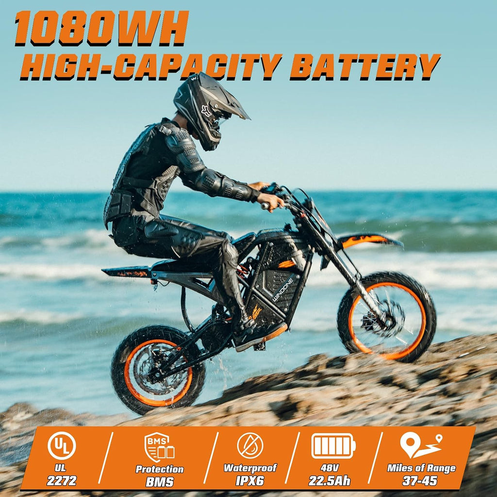Windone RM7 Electric Dirt Bike for Teens & Adults, 48V 22.5Ah, 37MPH & 45-Mile Electric Motorcycle, 2200W Ebike, 14'/12' Off-Road Tire E-Bike, Dual Hydraulic Brakes, Full Suspension, Fit Age 13+