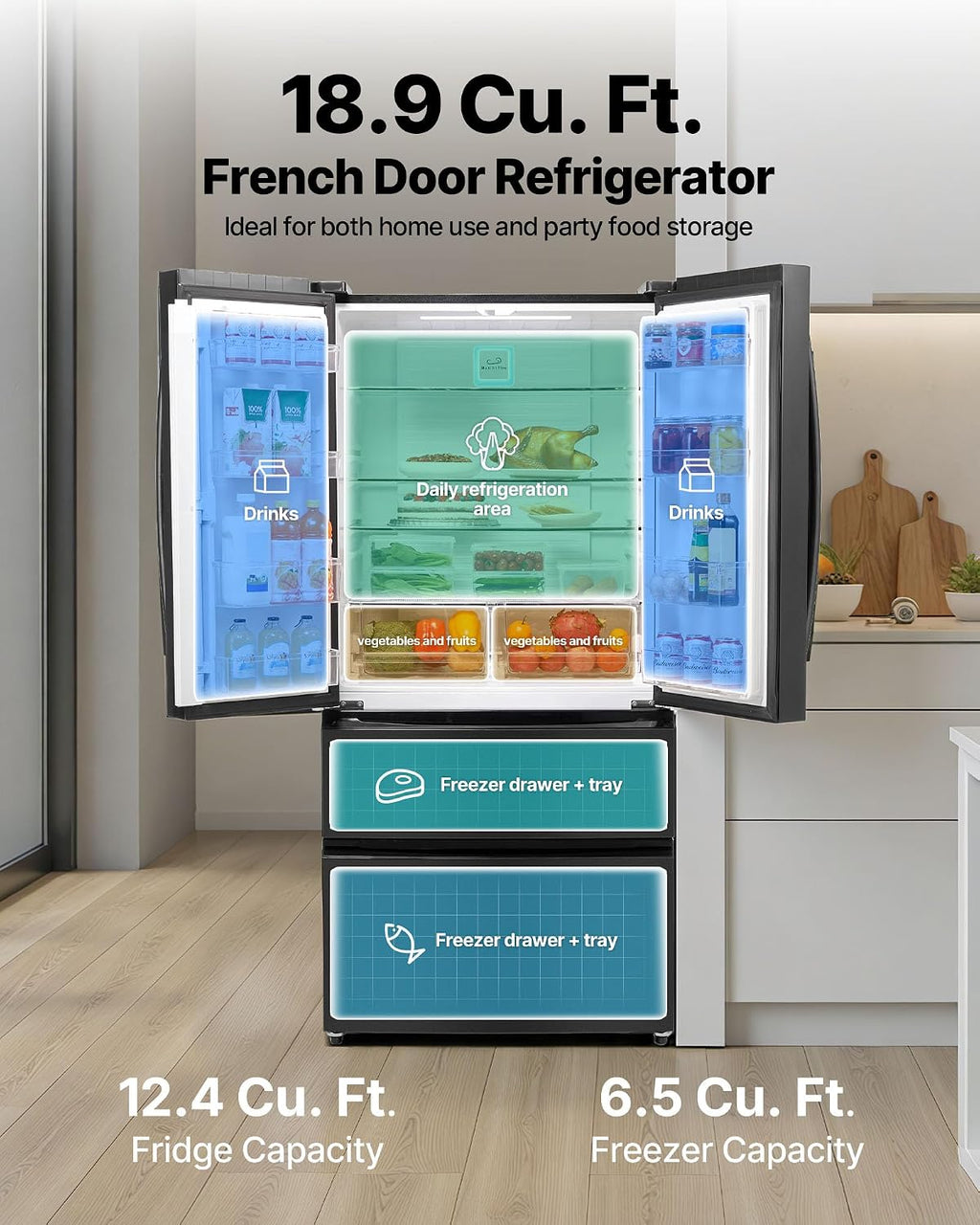 VEVOR French Door Refrigerator, 18.9 Cu. Ft. Kitchen Fridge, Counter Depth French Refrigerator with LED Display and 4 Casters, Frost-Free Bottom Freezer Refrigerators for Home & Commercial Use, Black