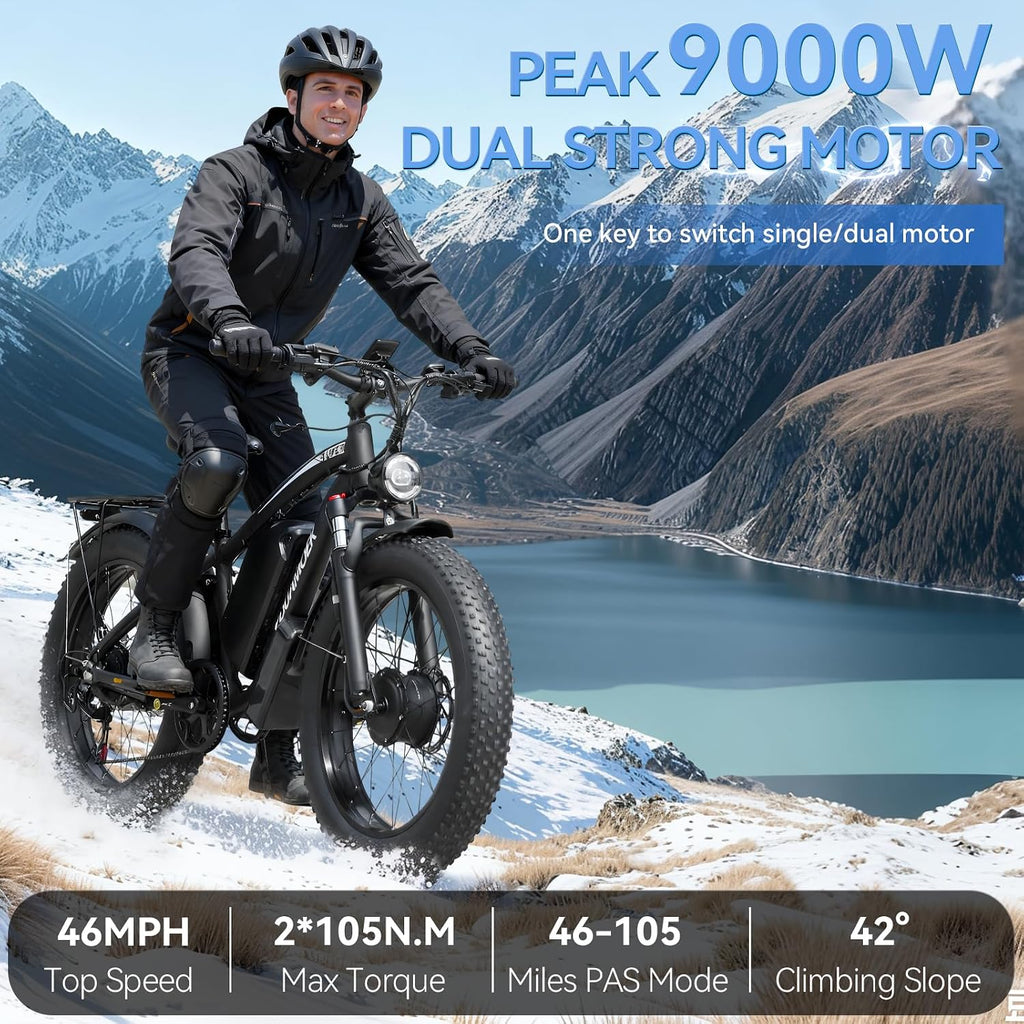 Peak-9000W-Dual-Motor-Electric-Bike for Adults with 52V 34Ah 1768Wh Battery Up to 105 Mile, 46MPH Fast-Dual-Motor-Ebike,24'*4' AWD Fat-Tire-Electric-Bicycle Mountain Front Lockable Suspension