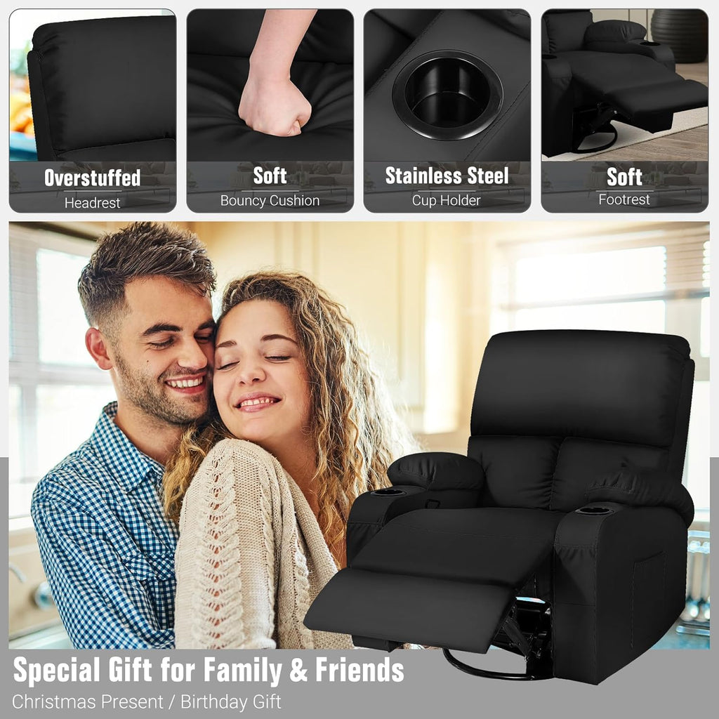 LAFWELL Rocking Recliner Chair, Massage Rocker Recliner Chair with Vibration Massage and Heat, 360° Swivel Faux Leather Chairs, Living Room, Bedroom, Nursery, RV, Black