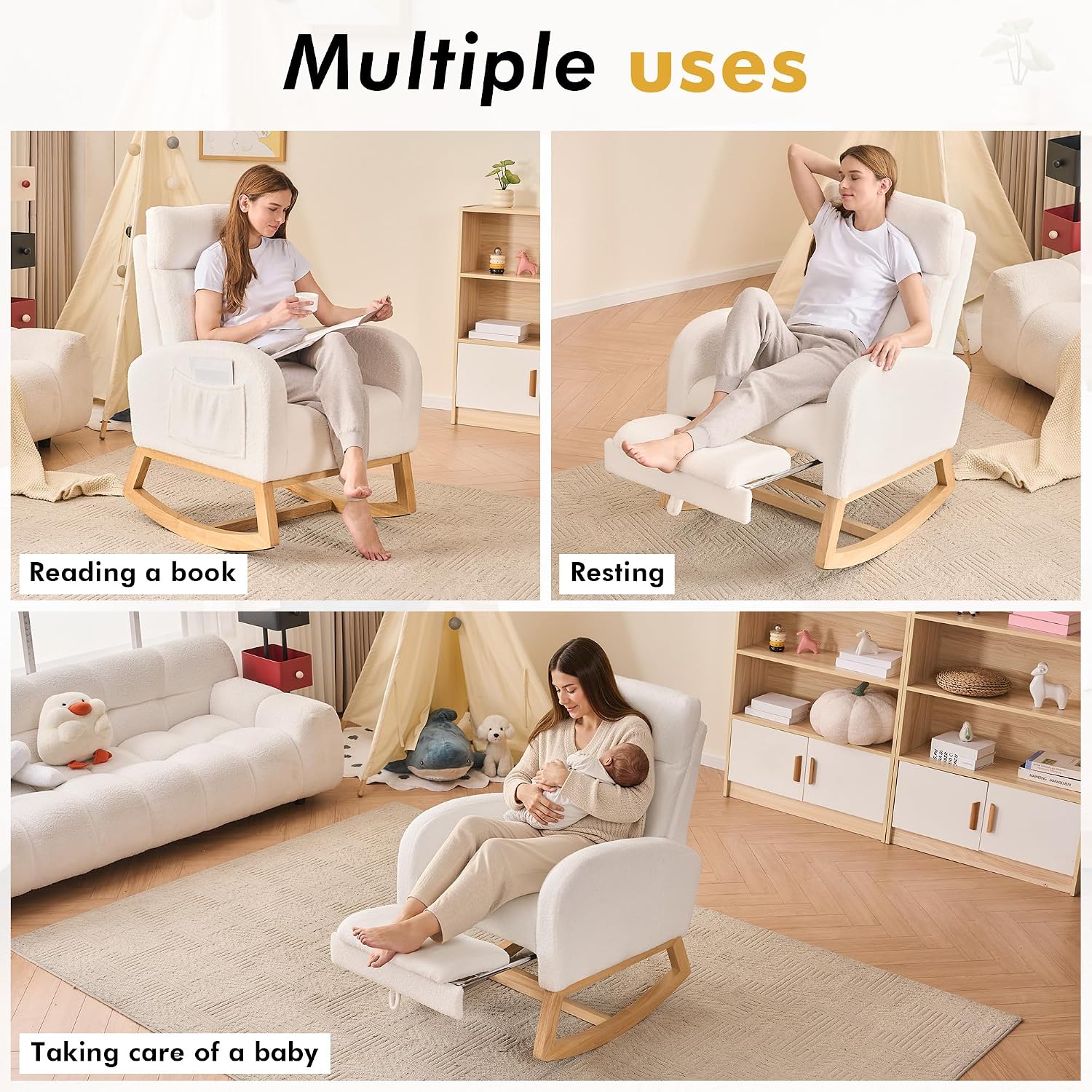 FOXHUNTER Rocking Chair for Nursery with High Backrest & Foot Rest-Nursery Rocking Chairs with Side Storage Pocket for Breastfeeding,Modern Glider Chair for Baby Bedroom,Living Room,Teddy White